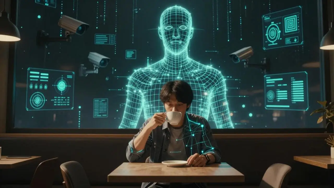 Robot à forme humaine surveillant un jeune homme