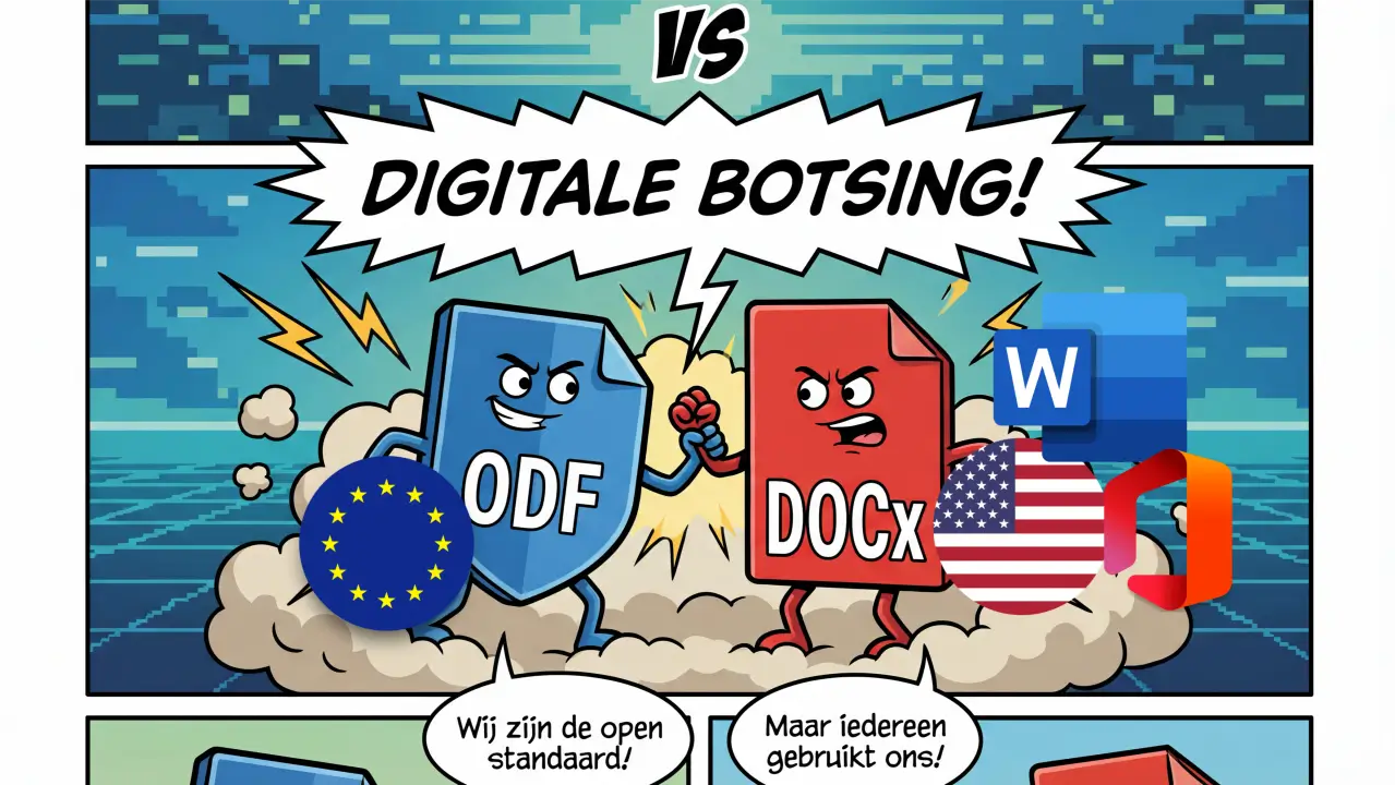 Cartoon-style clash tussen ODF en DOCx